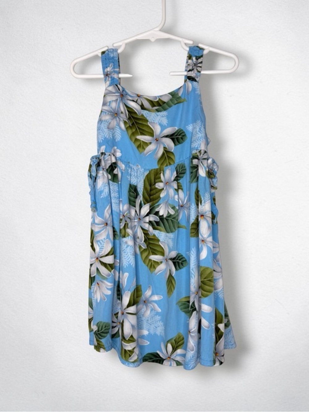 Blue Tropical Hawaiian White Plumeria Floral Swing Sundress Girls 4